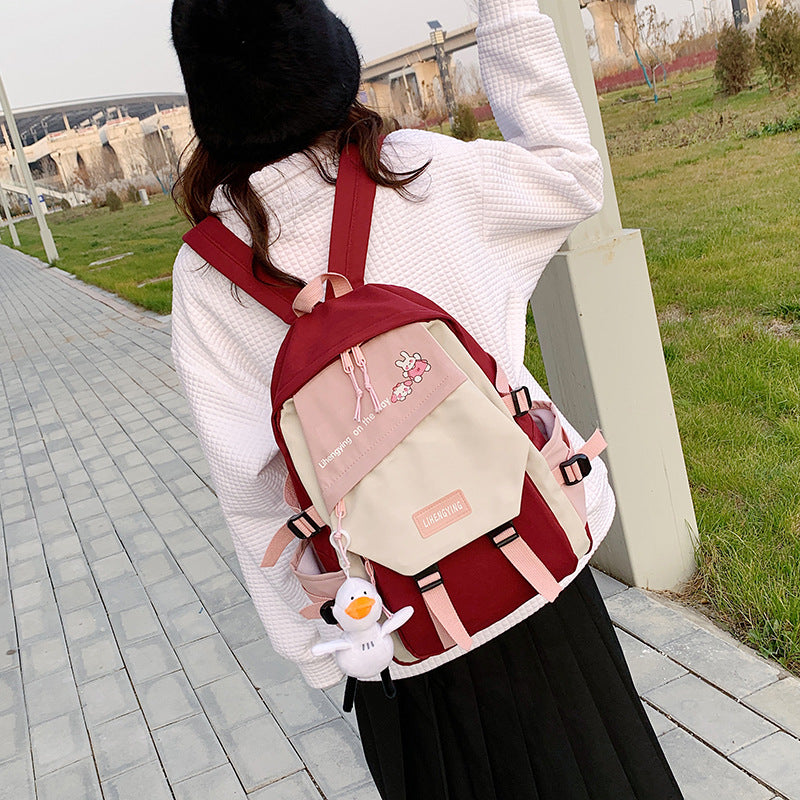 Canvas Contrast Color Schoolbag Girls Ins Style Small Fresh And Simple Literary Backpack High School Student Backpack