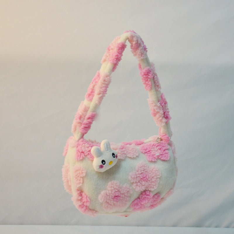 Plush Strawberry Bear Bag Shoulder Bag Handheld Shopping Bag Large Capacity Three Eyed Baby Double Sided Women's Bag Fashion Birthday Gift