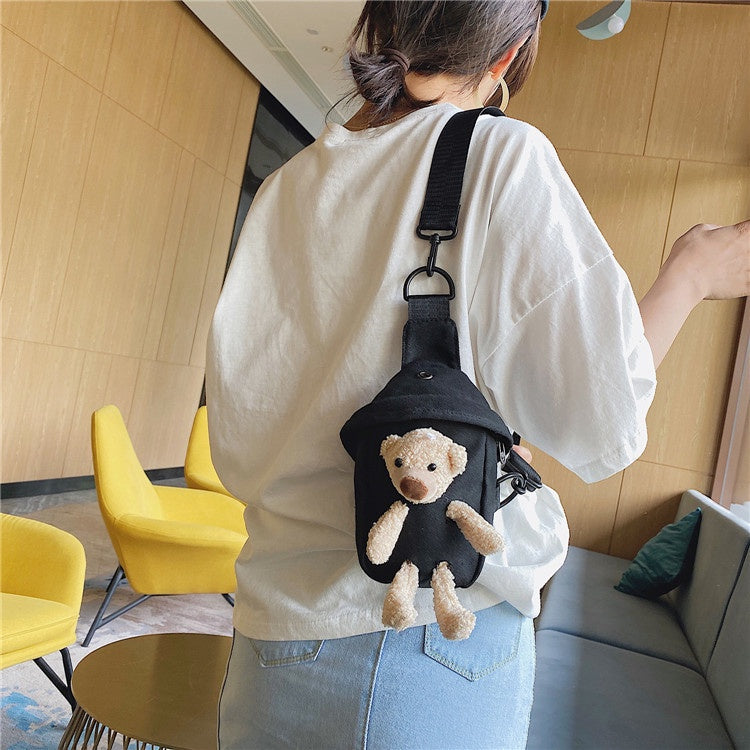 Girls Bag New Bear Bag Canvas Chest Bag Net Red Cute Student Messenger Bag Personality Pocket Trend
