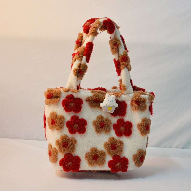 Plush Strawberry Bear Bag Shoulder Bag Handheld Shopping Bag Large Capacity Three Eyed Baby Double Sided Women's Bag Fashion Birthday Gift