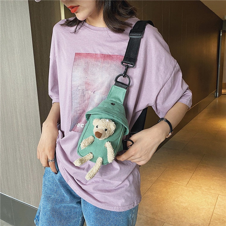 Girls Bag New Bear Bag Canvas Chest Bag Net Red Cute Student Messenger Bag Personality Pocket Trend
