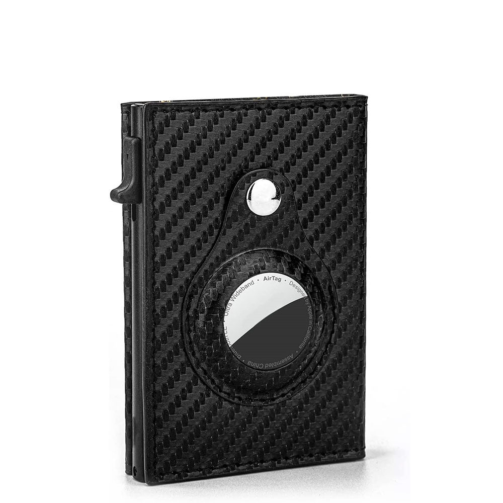Leather Sliding Wallet Bi-Fold Credit Card Wallet Automatic Pop-Up Card Holder With Air Tag Protective Sleeve