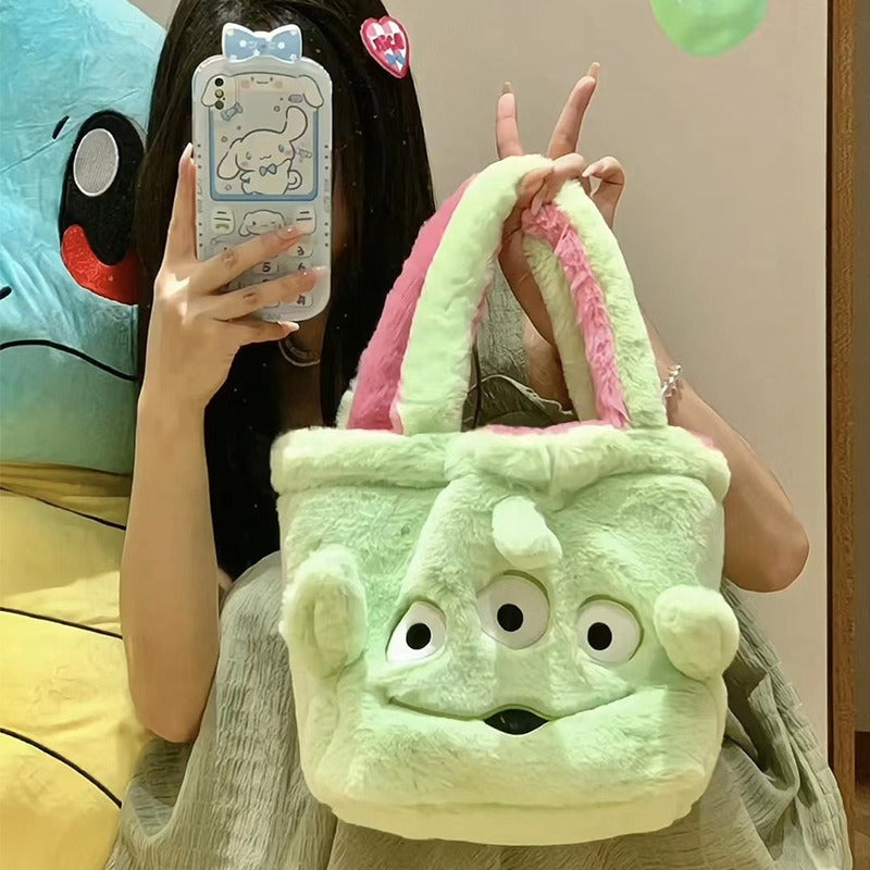 Plush Strawberry Bear Bag Shoulder Bag Handheld Shopping Bag Large Capacity Three Eyed Baby Double Sided Women's Bag Fashion Birthday Gift