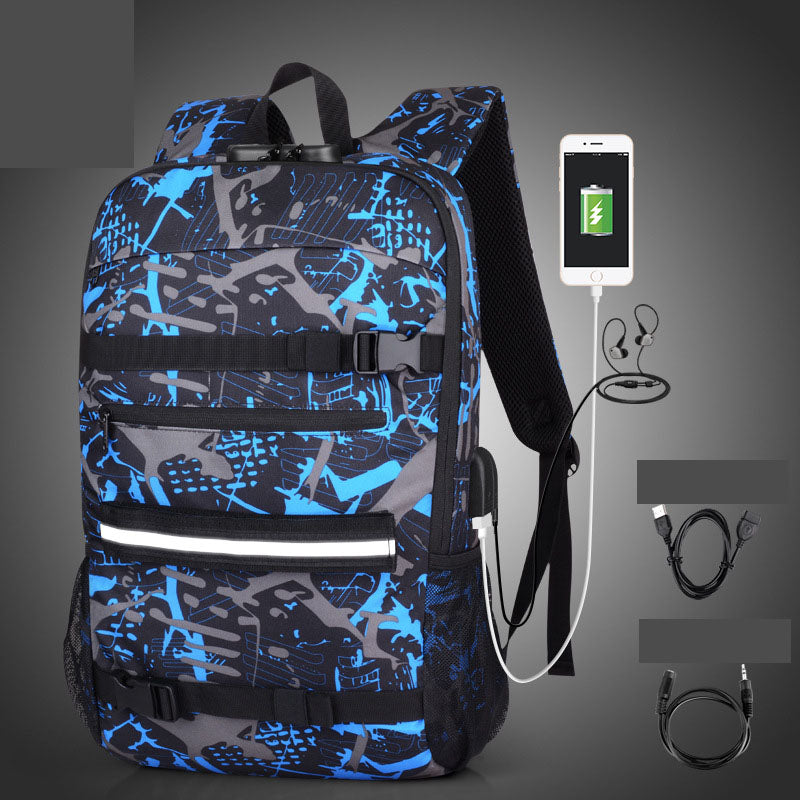 USB Rechargeable Backpack Men's Business Camouflage Large Capacity Skateboard Bag Anti theft Lock Backpack