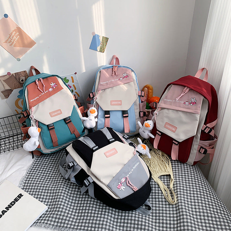 Canvas Contrast Color Schoolbag Girls Ins Style Small Fresh And Simple Literary Backpack High School Student Backpack
