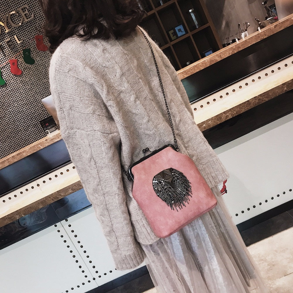 Dress Bags for Women PU Leather Tassel Fashion Frame Bag New Arrival, Style Crossbody Chains Shoulder Bags