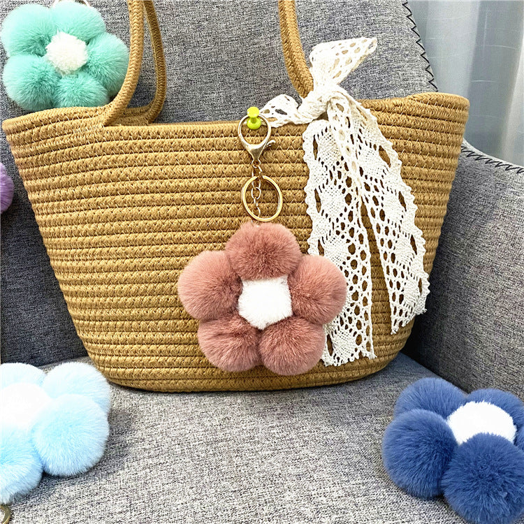 Creative Flower Hair Ball Key Chain Cute Plush Flower Bag Pendant Mobile Phone Accessories Car Key Ring Gift