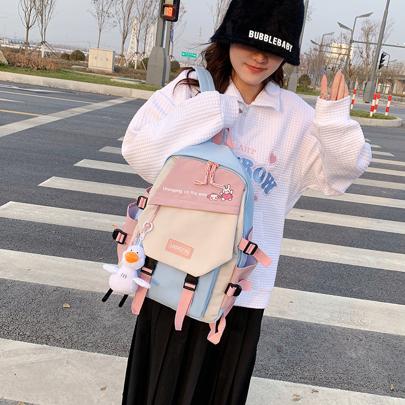 Canvas Contrast Color Schoolbag Girls Ins Style Small Fresh And Simple Literary Backpack High School Student Backpack