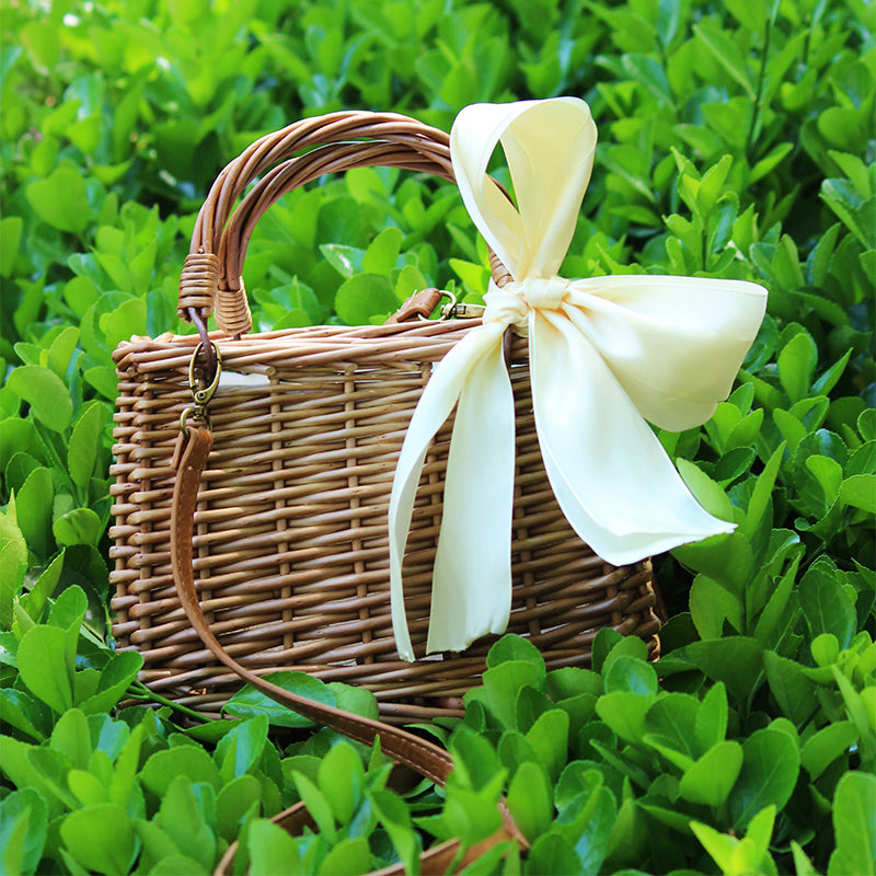 Ribbons Bow Tie Top-Handle Wicker Bags String Rural Natual Leather Strap Shoulder Bag Casual Handmade Woven Rattan Bags