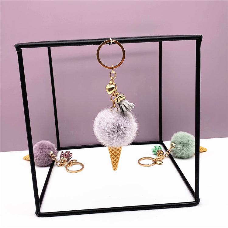 Ice Cream Key Chain Cute Bag Cartoon Plush Pendant Cone Car Key Chain Ring Hair Ball Creative Gift