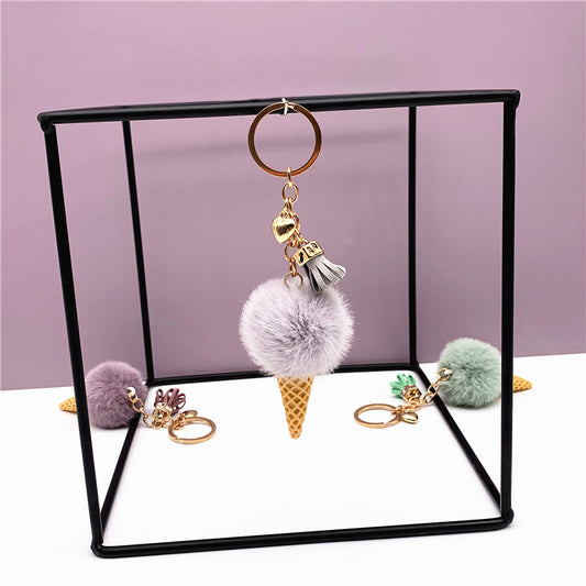 Ice Cream Key Chain Cute Bag Cartoon Plush Pendant Cone Car Key Chain Ring Hair Ball Creative Gift