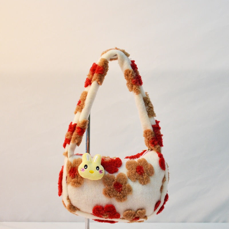 Plush Strawberry Bear Bag Shoulder Bag Handheld Shopping Bag Large Capacity Three Eyed Baby Double Sided Women's Bag Fashion Birthday Gift