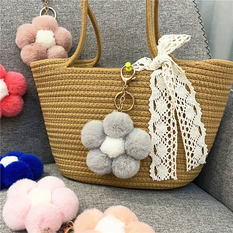 Creative Flower Hair Ball Key Chain Cute Plush Flower Bag Pendant Mobile Phone Accessories Car Key Ring Gift
