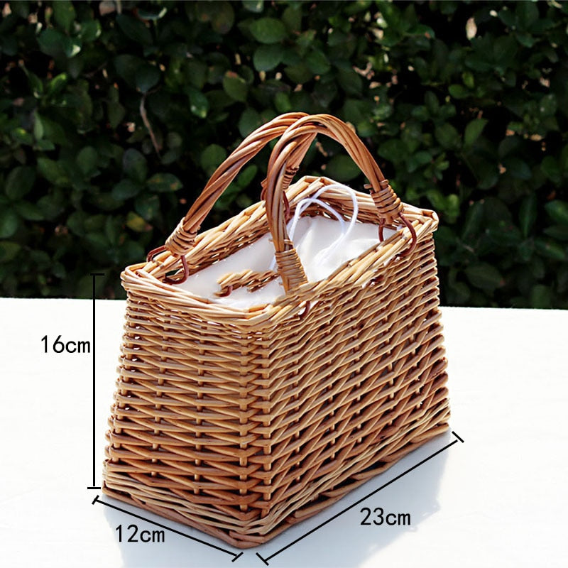 Ribbons Bow Tie Top-Handle Wicker Bags String Rural Natual Leather Strap Shoulder Bag Casual Handmade Woven Rattan Bags