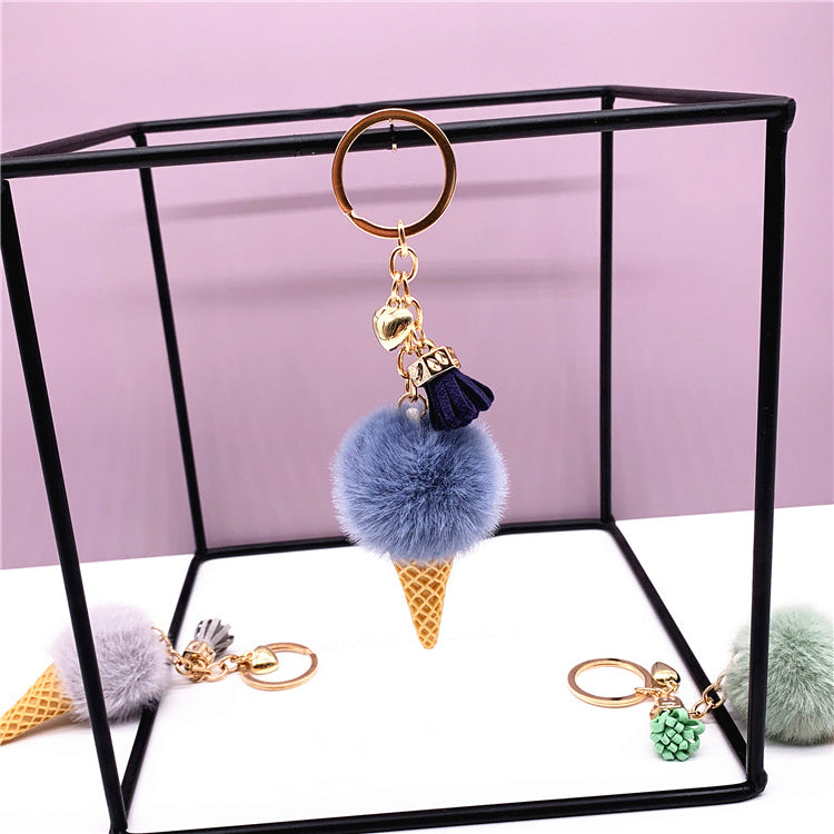 Ice Cream Key Chain Cute Bag Cartoon Plush Pendant Cone Car Key Chain Ring Hair Ball Creative Gift