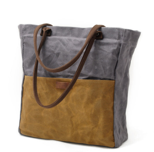 women's Vintage New oil wax canvas handbags simple waterproof retro hit color shoulder bag female Patchwork shopping bag