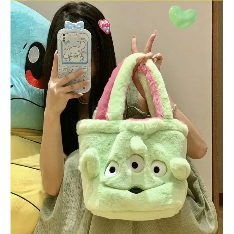 Plush Strawberry Bear Bag Shoulder Bag Handheld Shopping Bag Large Capacity Three Eyed Baby Double Sided Women's Bag Fashion Birthday Gift
