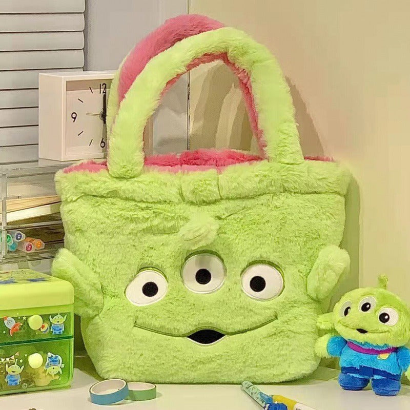 Plush Strawberry Bear Bag Shoulder Bag Handheld Shopping Bag Large Capacity Three Eyed Baby Double Sided Women's Bag Fashion Birthday Gift