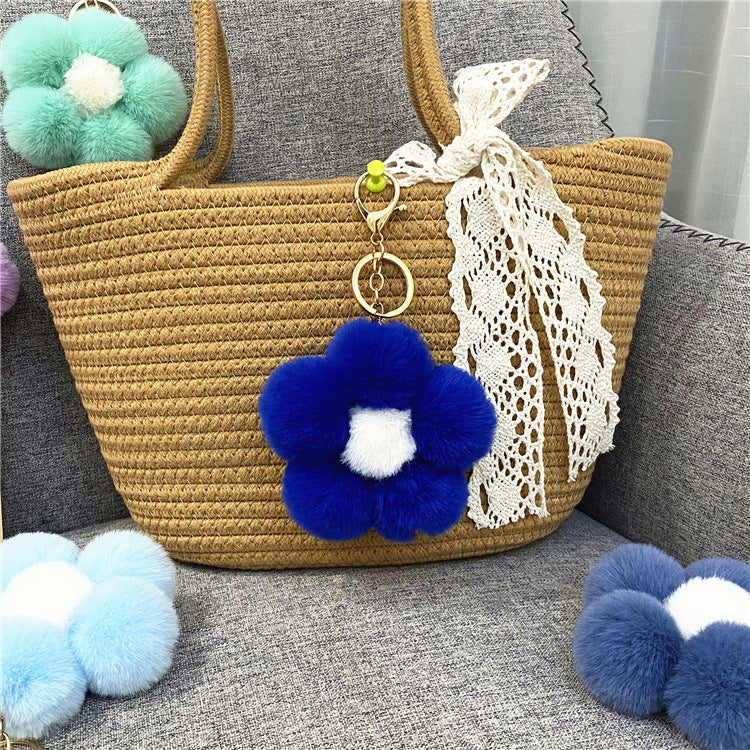 Creative Flower Hair Ball Key Chain Cute Plush Flower Bag Pendant Mobile Phone Accessories Car Key Ring Gift
