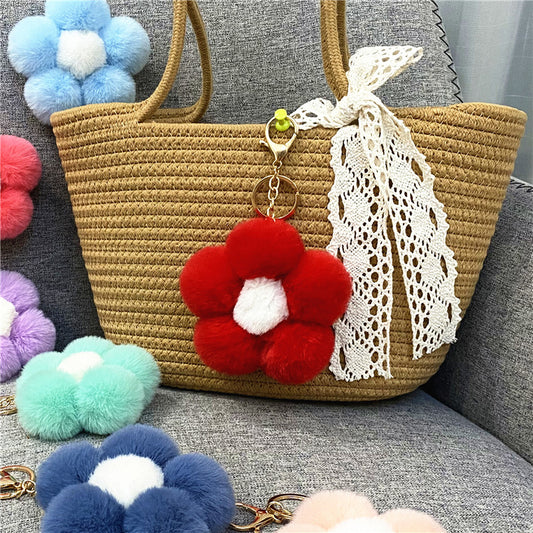 Creative Flower Hair Ball Key Chain Cute Plush Flower Bag Pendant Mobile Phone Accessories Car Key Ring Gift