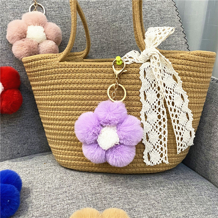 Creative Flower Hair Ball Key Chain Cute Plush Flower Bag Pendant Mobile Phone Accessories Car Key Ring Gift