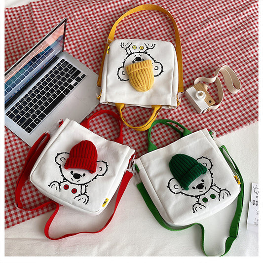 Children's Bag Korean Trend Fashion Shoulder Bag Girl Cartoon Bear Hat Handbag Student Canvas Messenger Bag