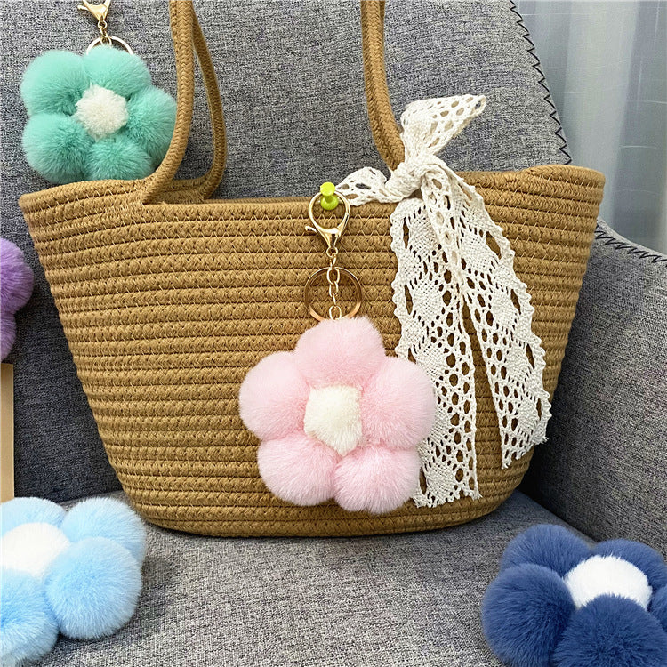 Creative Flower Hair Ball Key Chain Cute Plush Flower Bag Pendant Mobile Phone Accessories Car Key Ring Gift