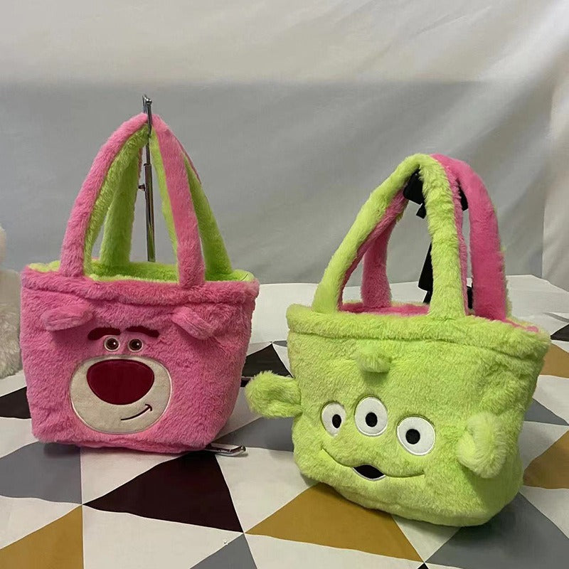 Plush Strawberry Bear Bag Shoulder Bag Handheld Shopping Bag Large Capacity Three Eyed Baby Double Sided Women's Bag Fashion Birthday Gift