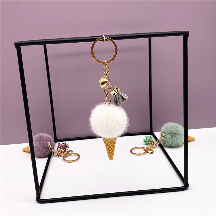 Ice Cream Key Chain Cute Bag Cartoon Plush Pendant Cone Car Key Chain Ring Hair Ball Creative Gift