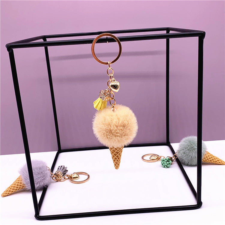 Ice Cream Key Chain Cute Bag Cartoon Plush Pendant Cone Car Key Chain Ring Hair Ball Creative Gift