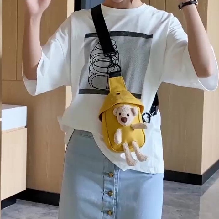 Girls Bag New Bear Bag Canvas Chest Bag Net Red Cute Student Messenger Bag Personality Pocket Trend