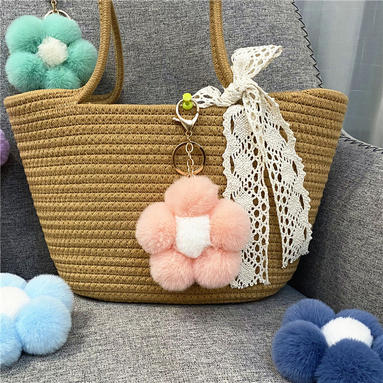 Creative Flower Hair Ball Key Chain Cute Plush Flower Bag Pendant Mobile Phone Accessories Car Key Ring Gift