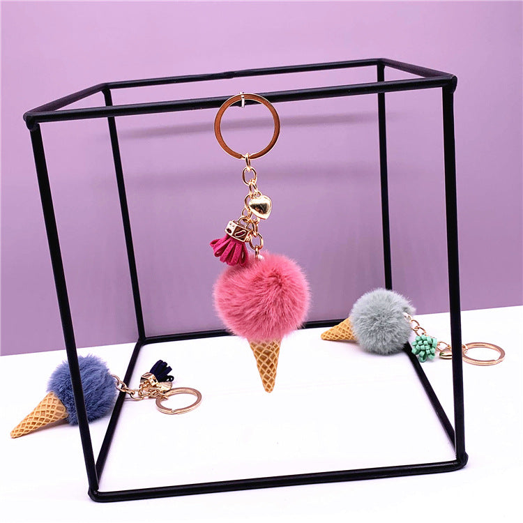 Ice Cream Key Chain Cute Bag Cartoon Plush Pendant Cone Car Key Chain Ring Hair Ball Creative Gift