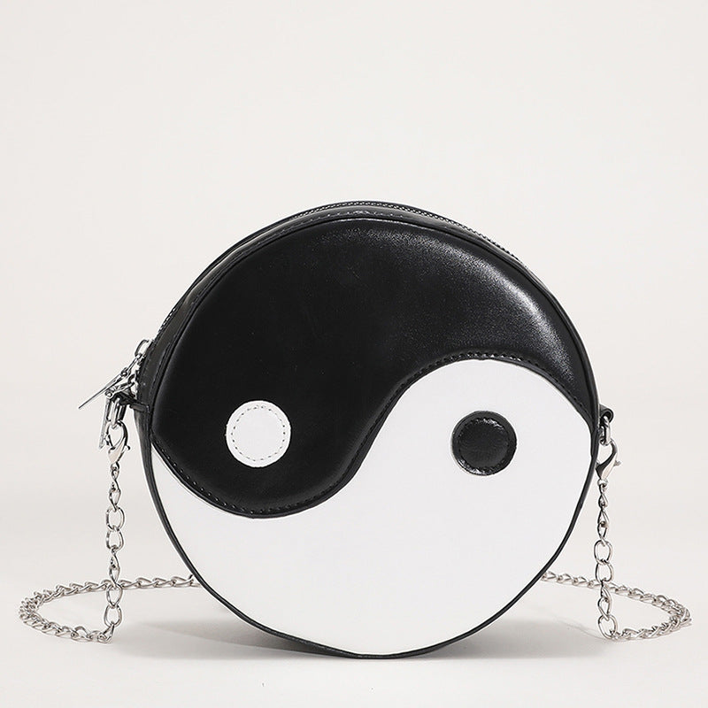 New Trendy Fashion Black And White Color Matching Small Round Bag Casual PU One Shoulder Messenger Girl Messenger Bag