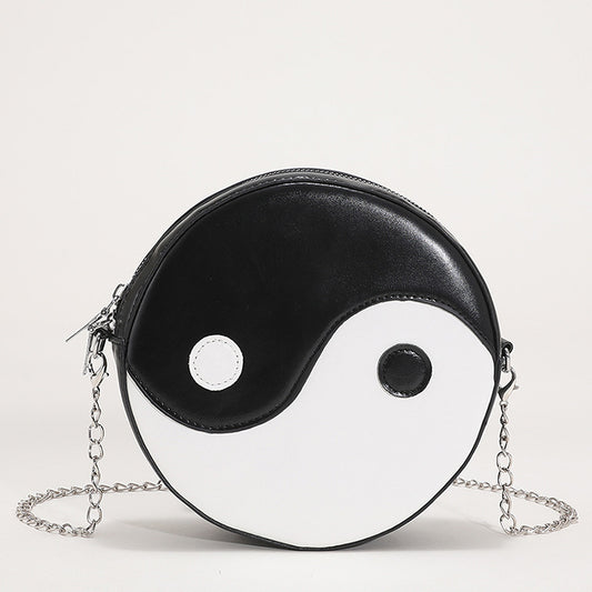 New Trendy Fashion Black And White Color Matching Small Round Bag Casual PU One Shoulder Messenger Girl Messenger Bag