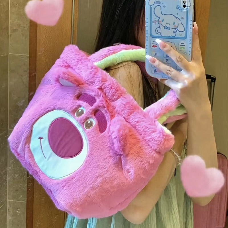 Plush Strawberry Bear Bag Shoulder Bag Handheld Shopping Bag Large Capacity Three Eyed Baby Double Sided Women's Bag Fashion Birthday Gift