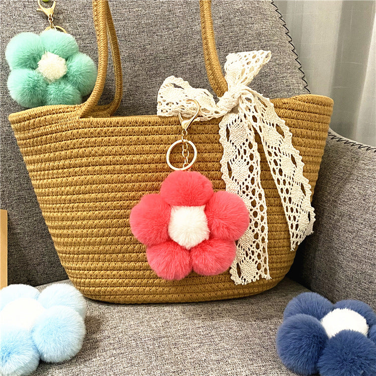 Creative Flower Hair Ball Key Chain Cute Plush Flower Bag Pendant Mobile Phone Accessories Car Key Ring Gift
