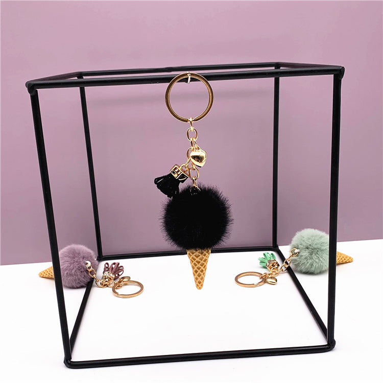 Ice Cream Key Chain Cute Bag Cartoon Plush Pendant Cone Car Key Chain Ring Hair Ball Creative Gift