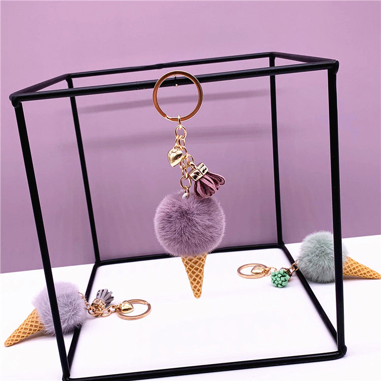 Ice Cream Key Chain Cute Bag Cartoon Plush Pendant Cone Car Key Chain Ring Hair Ball Creative Gift