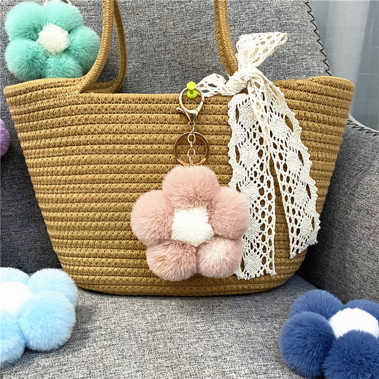Creative Flower Hair Ball Key Chain Cute Plush Flower Bag Pendant Mobile Phone Accessories Car Key Ring Gift