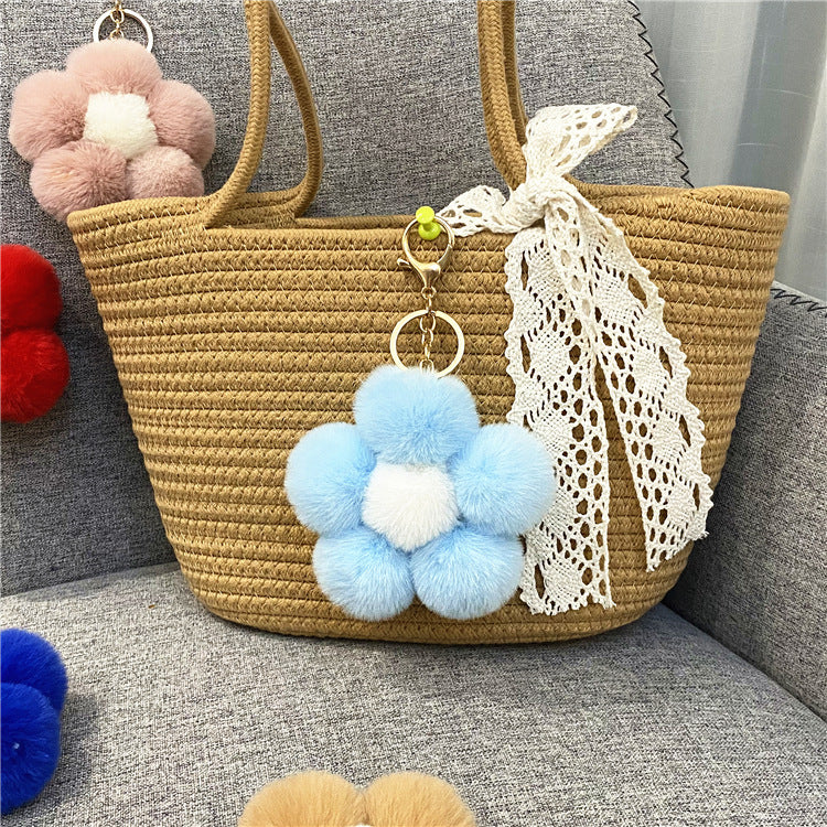 Creative Flower Hair Ball Key Chain Cute Plush Flower Bag Pendant Mobile Phone Accessories Car Key Ring Gift