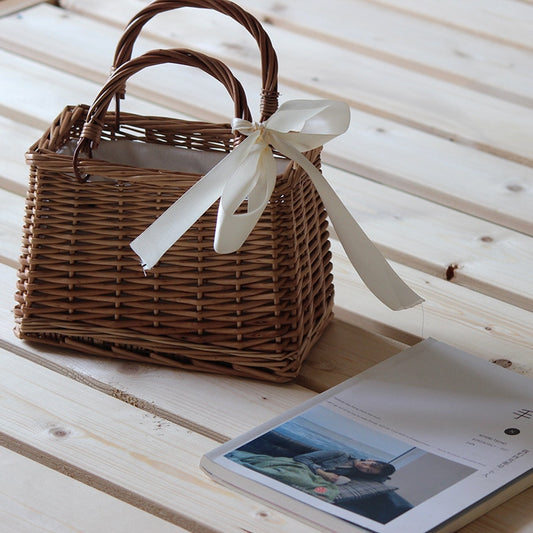Ribbons Bow Tie Top-Handle Wicker Bags String Rural Natual Leather Strap Shoulder Bag Casual Handmade Woven Rattan Bags
