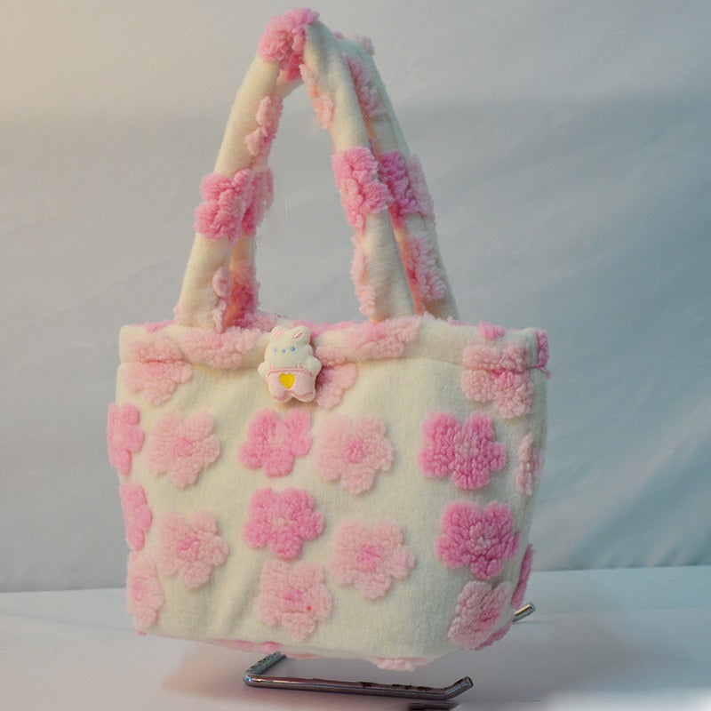 Plush Strawberry Bear Bag Shoulder Bag Handheld Shopping Bag Large Capacity Three Eyed Baby Double Sided Women's Bag Fashion Birthday Gift