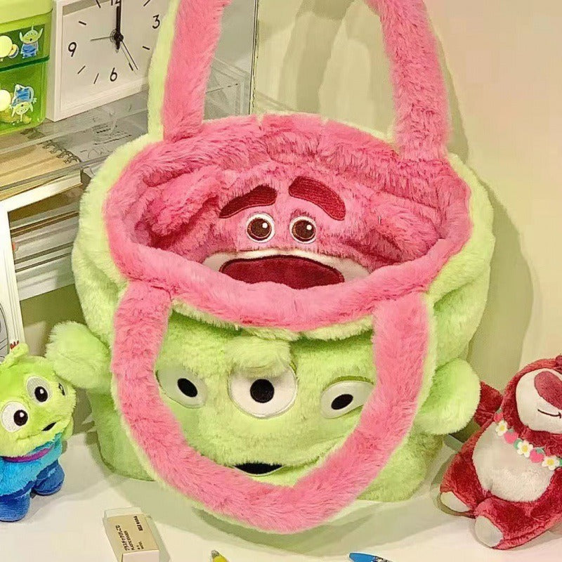 Plush Strawberry Bear Bag Shoulder Bag Handheld Shopping Bag Large Capacity Three Eyed Baby Double Sided Women's Bag Fashion Birthday Gift
