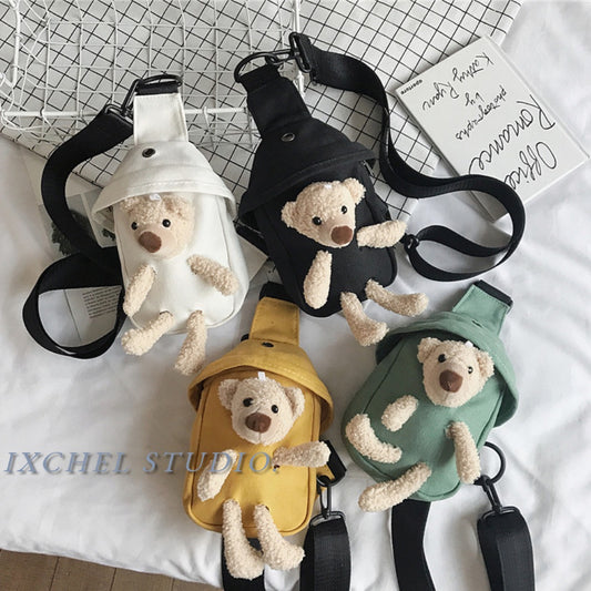 Girls Bag New Bear Bag Canvas Chest Bag Net Red Cute Student Messenger Bag Personality Pocket Trend